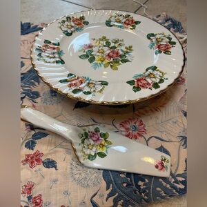 Royal Crown Floral Ceramic Cake Plate and Server Set England